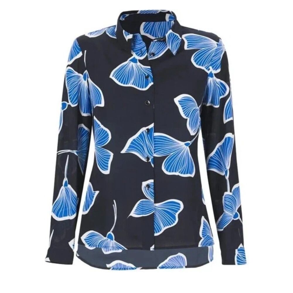 Cabi #6080 Regal Blouse Blue White Floral Long Sleeve Button-Up Top M